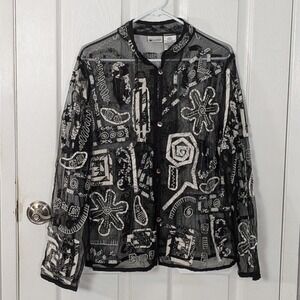 Vintage Units Sheer Embroidered Blouse Artsy Bohemian Button Down Top Size Large
